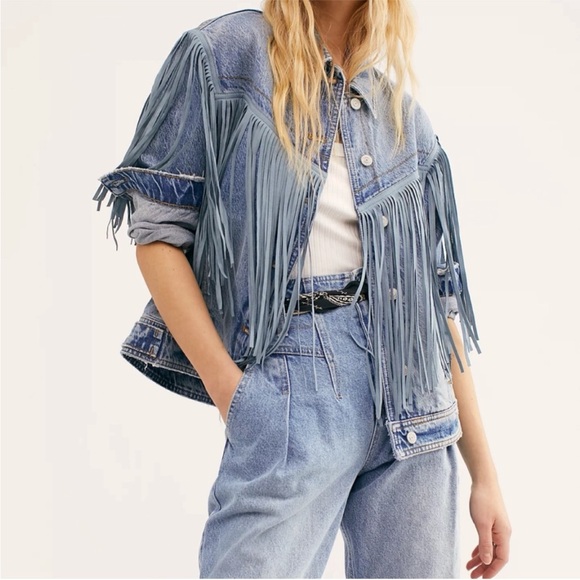 Free People After Hours Fringe Denim Jean Jacket - Picture 1 of 6